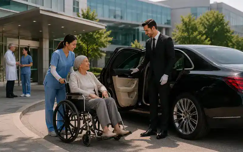 Recurring medical transportation with a professional chauffeur assisting a patient during ongoing treatment in Houston.